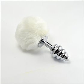 Plug Anal de Metal Espiral com Pompon Branco
