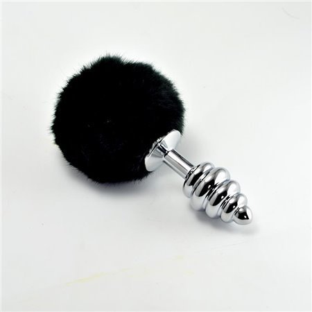 Plug Anal de Metal Espiral com Pompon Preto