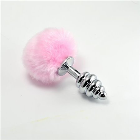 Plug Anal de Metal Espiral com Pompon Rosa